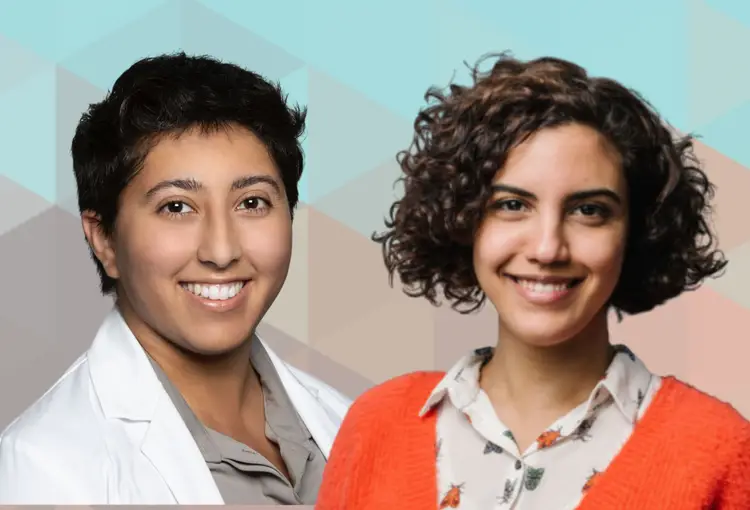 Two smiling women, one in a lab coat and one in an orange sweater, against a geometric background.