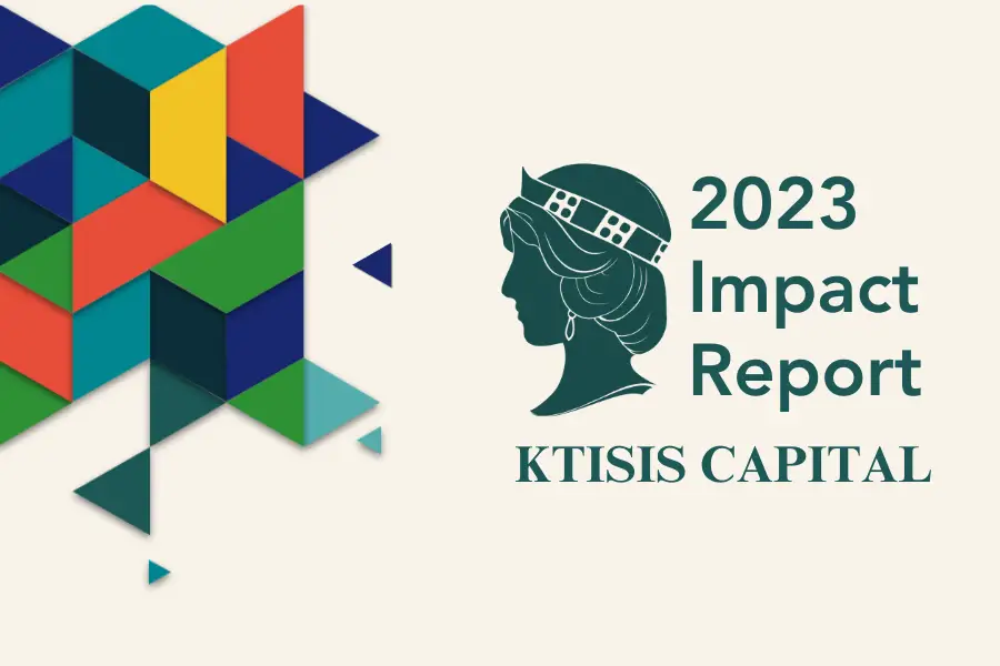 Ktisis Capital 2023 Impact Report cover with geometric design and silhouette of a woman's head.