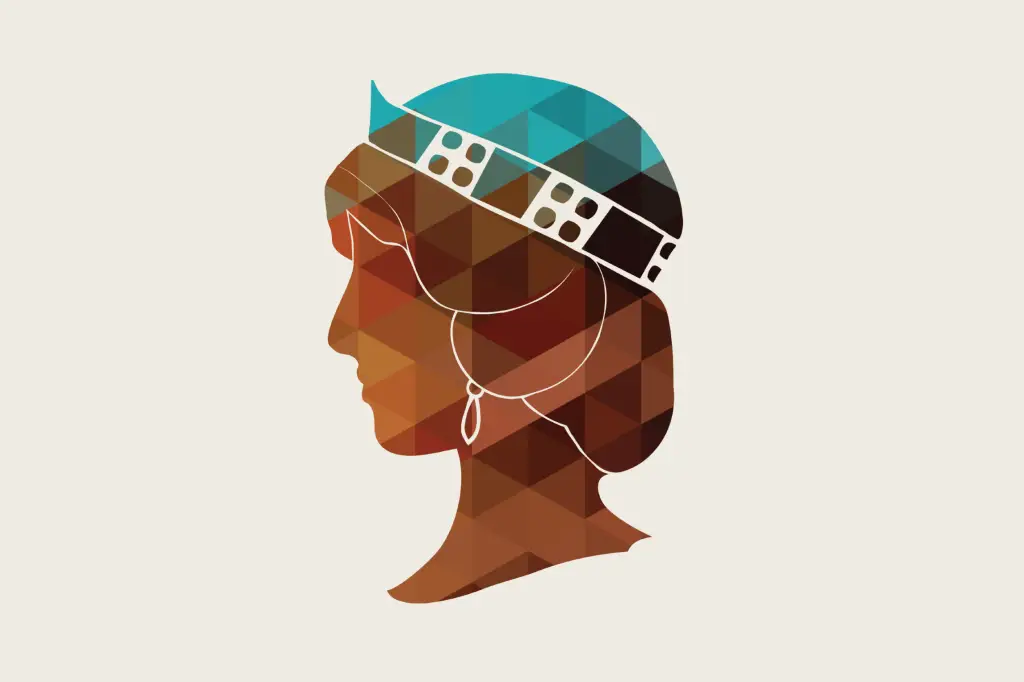 Geometric illustration of a woman wearing a hat and earring, created with a triangular pattern and earthy colors.
