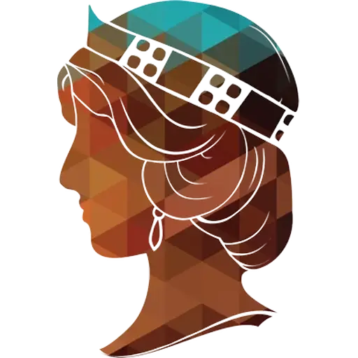 Geometric vintage female profile illustration with headband and earring, in earth tones and teal accent.