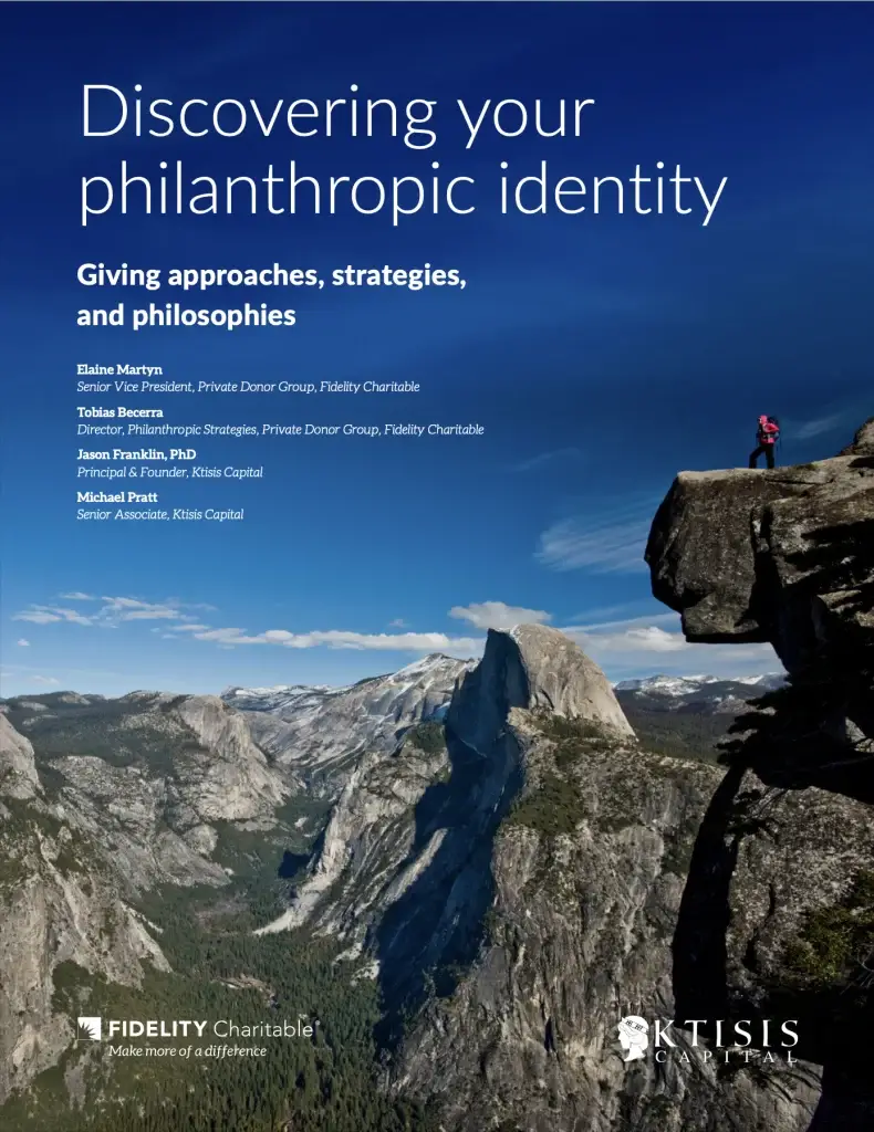 Man on cliff edge, discovering philanthropic identity strategies amidst mountain landscape, Fidelity Charitable.
