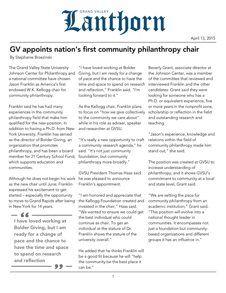 Newly appointed GV community philanthropy chair announcement in Grand Valley Lanthorn, dated April 13, 2015.