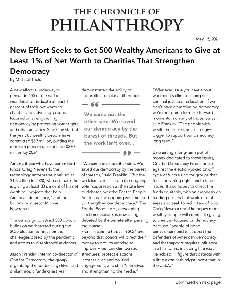 The Chronicle of Philanthropy article on wealthy Americans urged to donate 1% to democracy-strengthening charities.