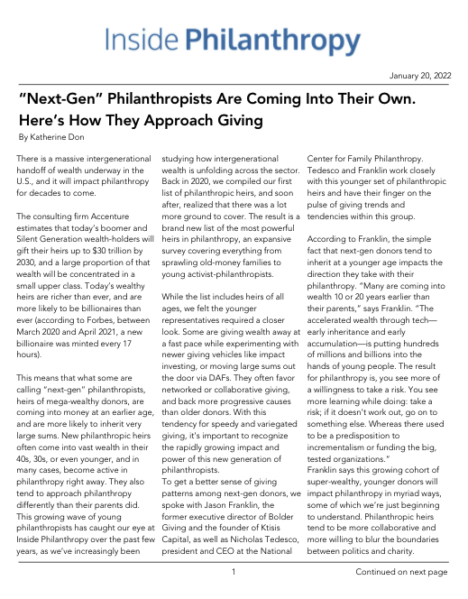 Inside Philanthropy article on 'Next-Gen' philanthropists explores modern trends and approaches in giving, January 2022.