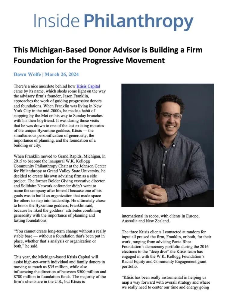 Article on a Michigan donor advisor building a foundation for progressives, featuring an image of the advisor.
