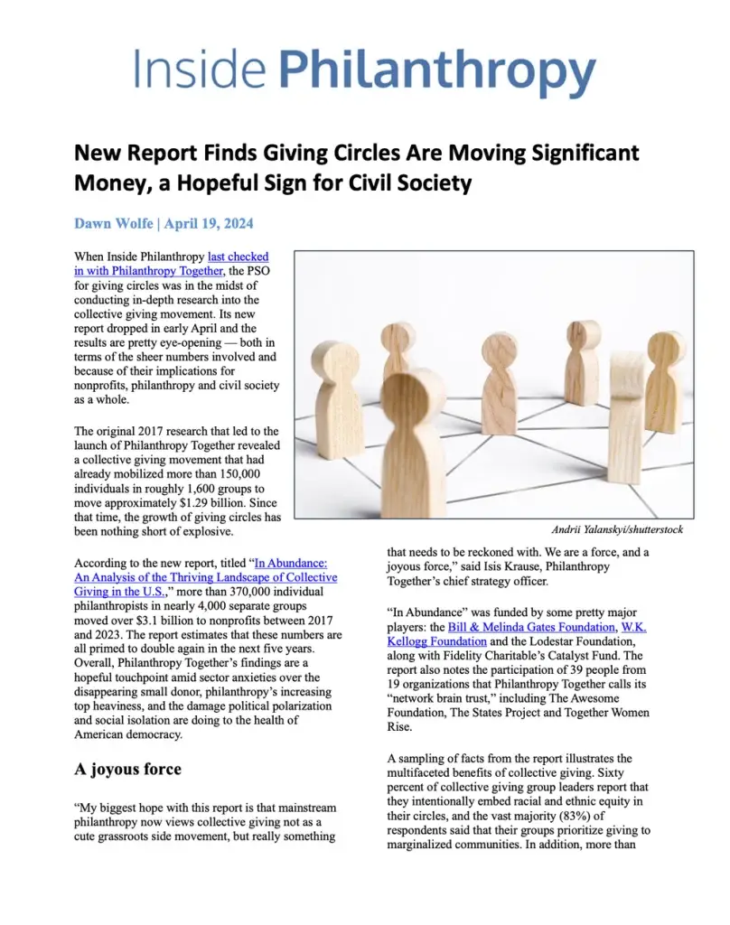Magazine article discussing impact of giving circles on civil society, featuring wooden figure models on a network diagram.