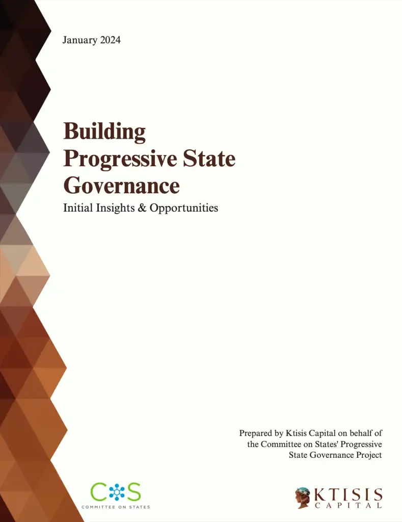 Cover page titled Building Progressive State Governance: Initial Insights & Opportunities, January 2024 report.
