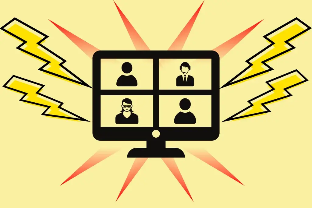Virtual meeting on monitor screen with avatar icons and lightning bolts, symbolizing dynamic online communication.