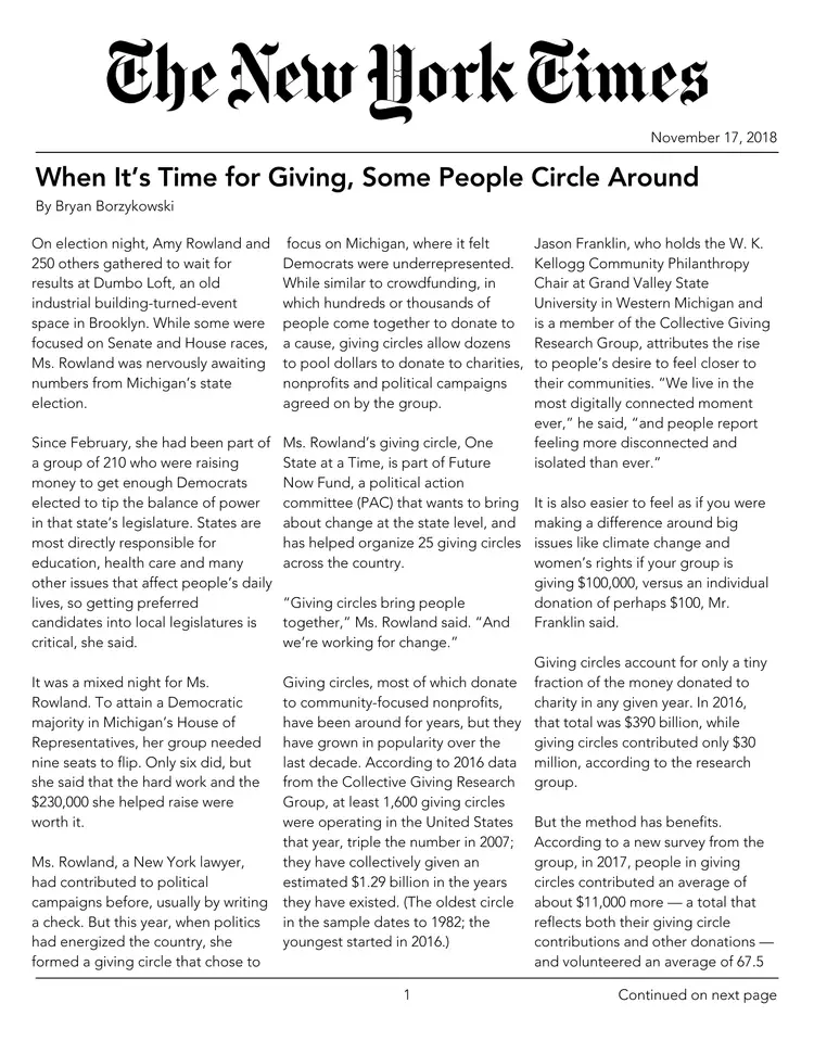 Front page of The New York Times article titled When It’s Time for Giving, Some People Circle Around, dated Nov 17, 2018.