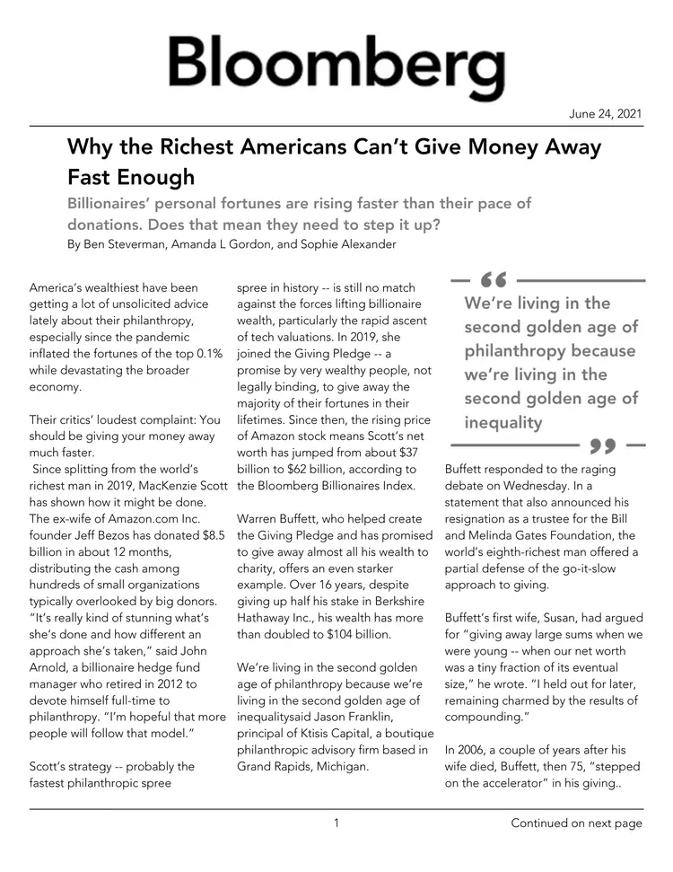 Bloomberg article on billionaire philanthropy challenges and wealth growth, featuring Mackenzie Scott and Warren Buffett.