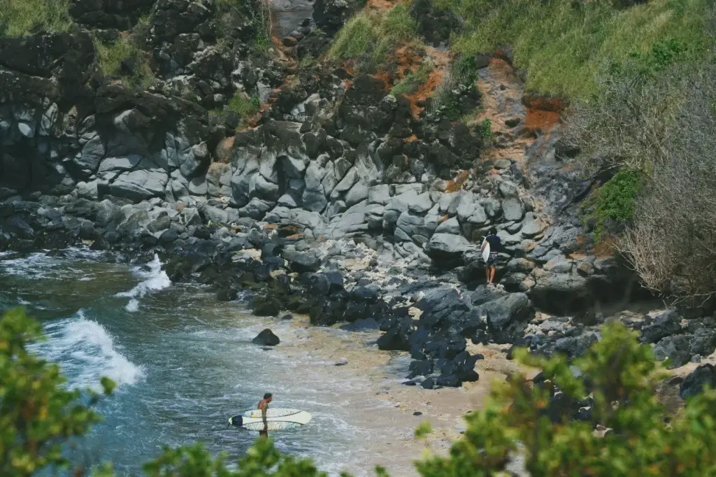 Surfers preparing to hit the waves on a rocky beach surrounded by lush greenery and ocean cliffs.