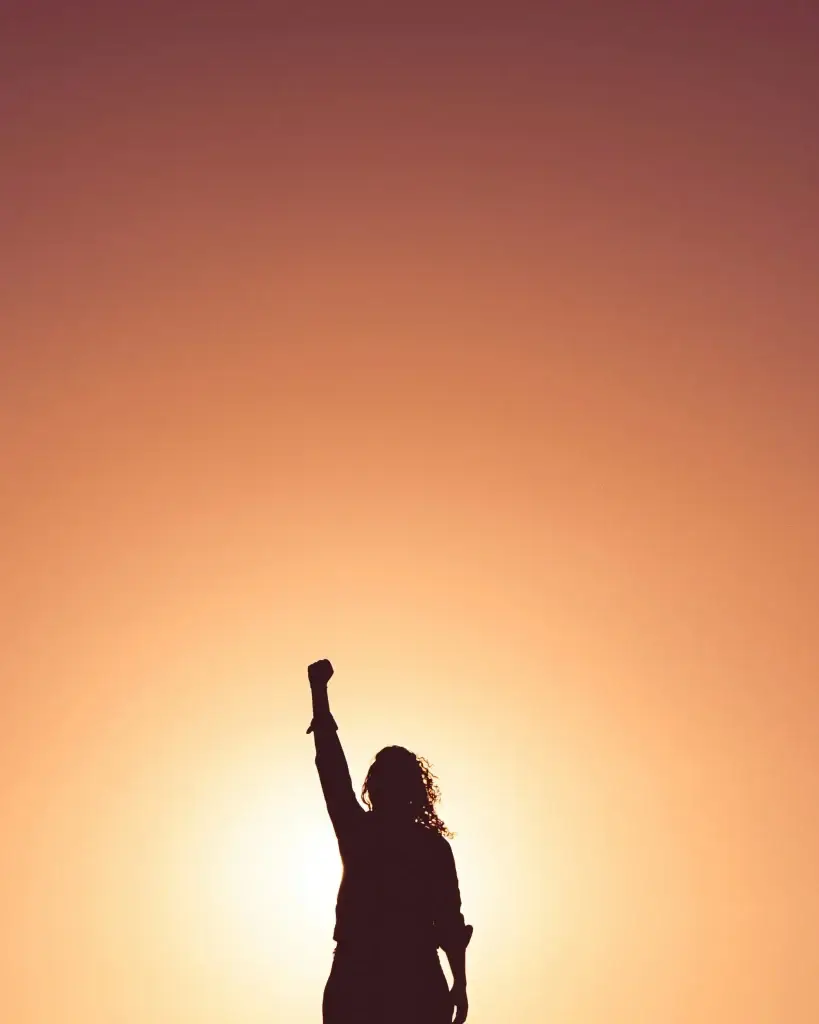 Silhouette of person raising fist against a vibrant sunset, symbolizing empowerment and triumph.