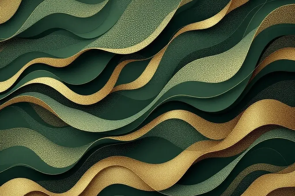 Abstract green and gold wave pattern, textured layers creating a dynamic, flowing design.