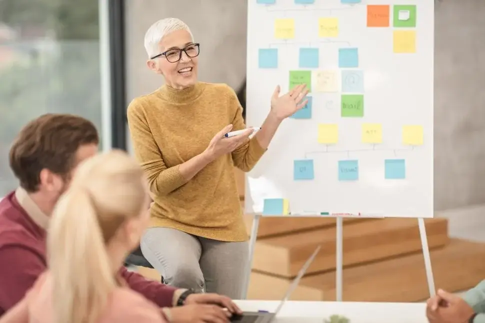 Senior woman leading a business meeting, presenting on colorful sticky notes chart in a modern office setting.
