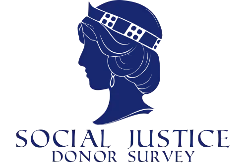 Silhouette of woman with a crown for Social Justice Donor Survey logo, text in blue.