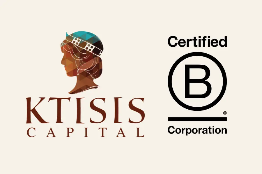 KTISIS Capital logo with a profile illustration and Certified B Corporation emblem on a beige background.