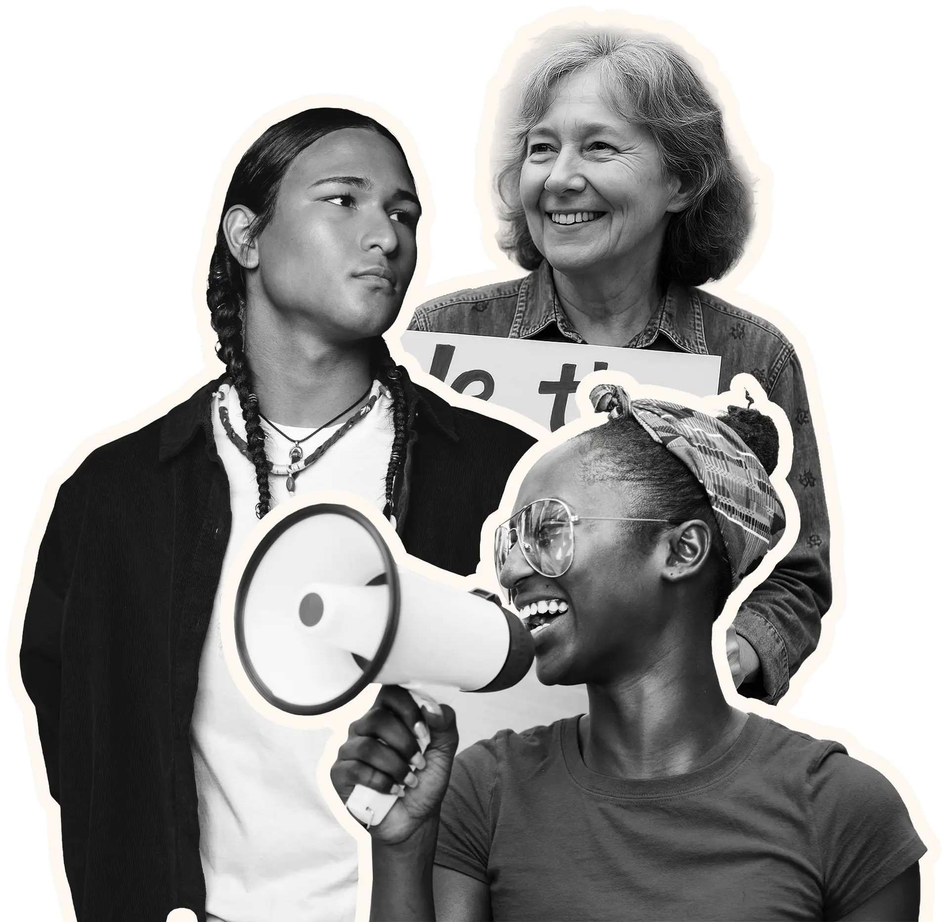 Diverse group of activists with a megaphone and signs, expressing enthusiasm and unity for a shared cause.