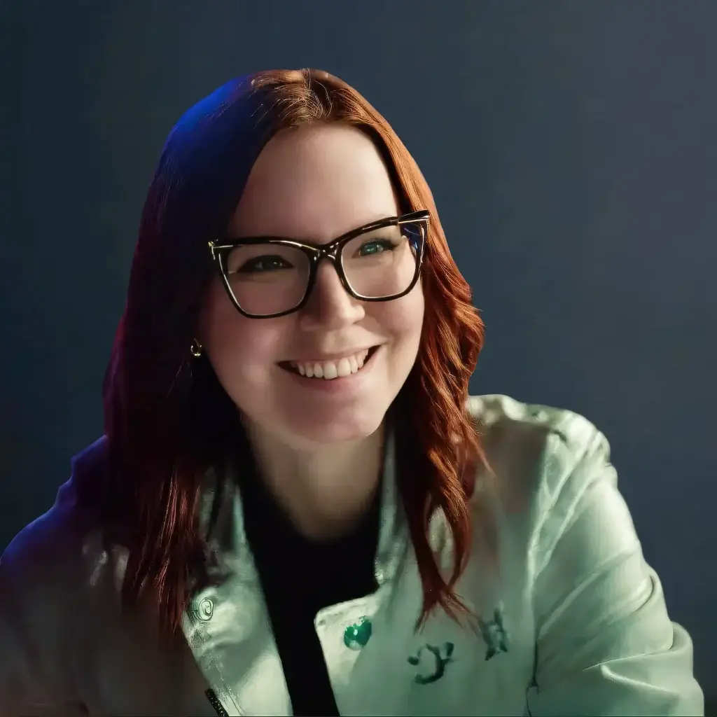 Smiling woman with glasses wearing a light jacket against a dark background.