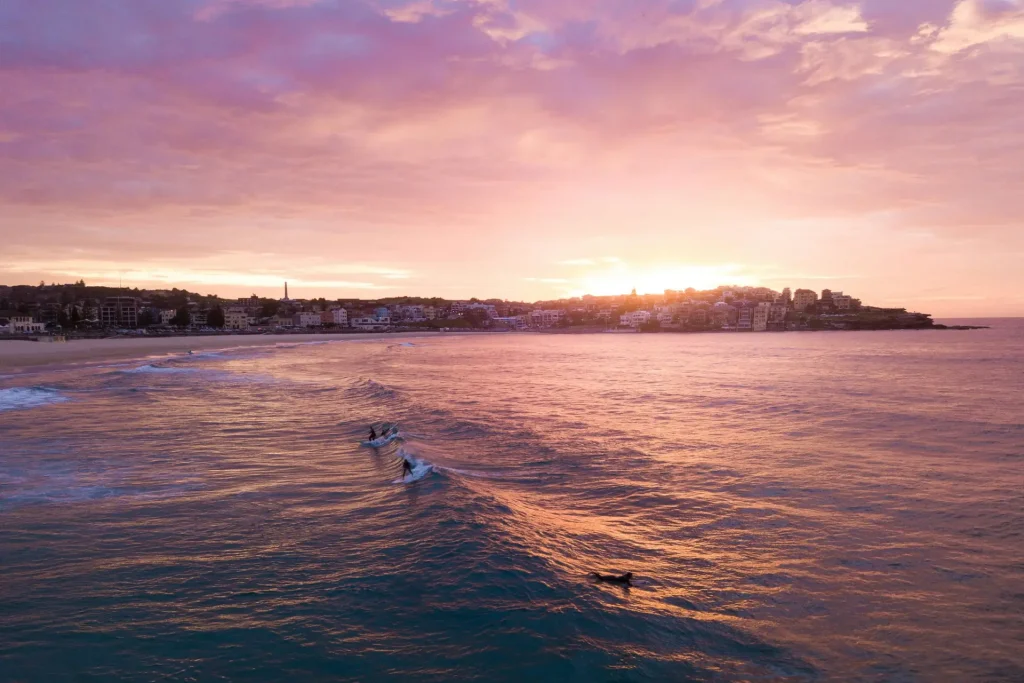 Surfers riding waves at sunrise near the shoreline, pink and orange sky over the ocean.